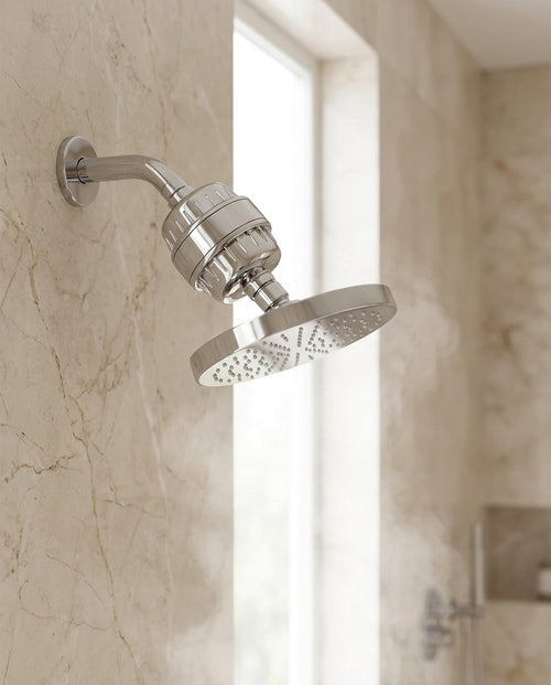 Fieldstone Shower Filter installed on a modern shower arm