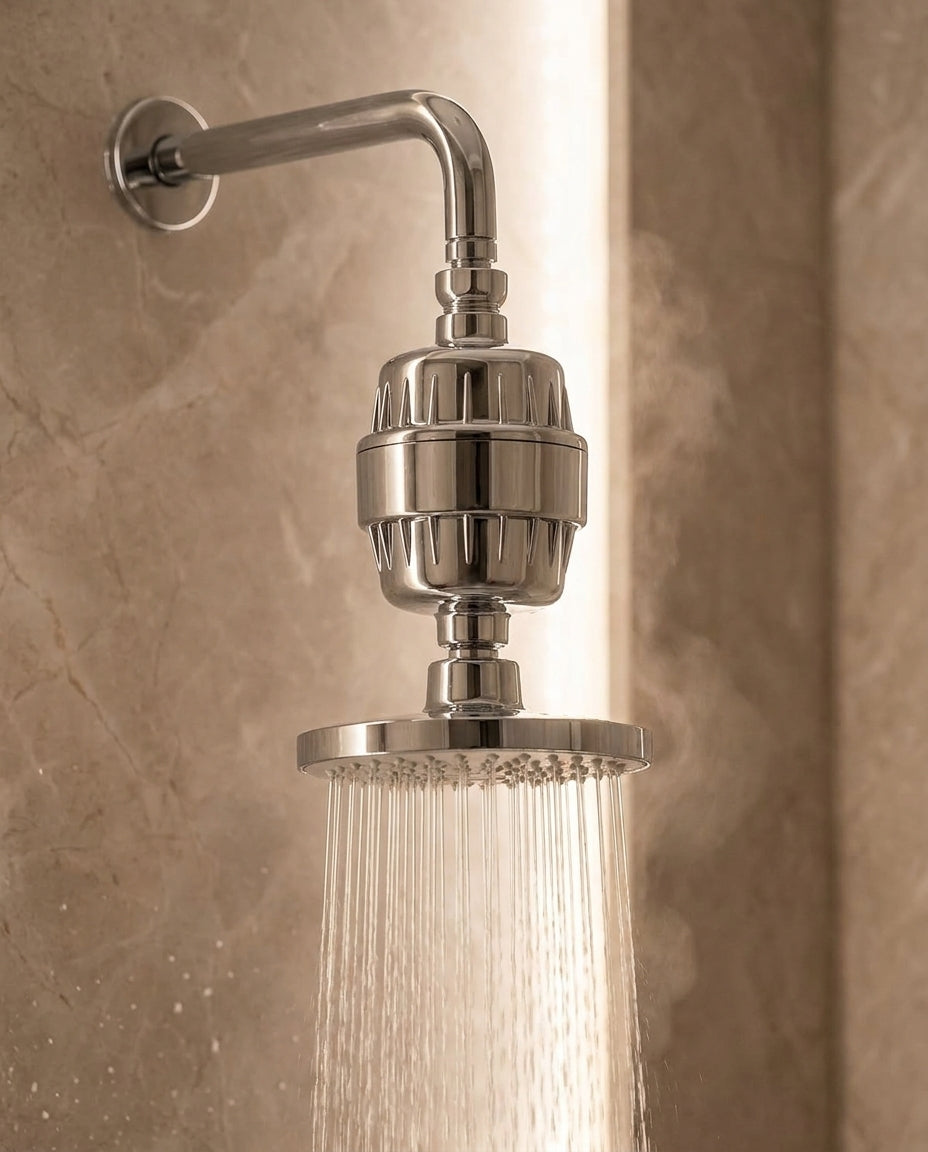 Filtered water flowing from the shower head